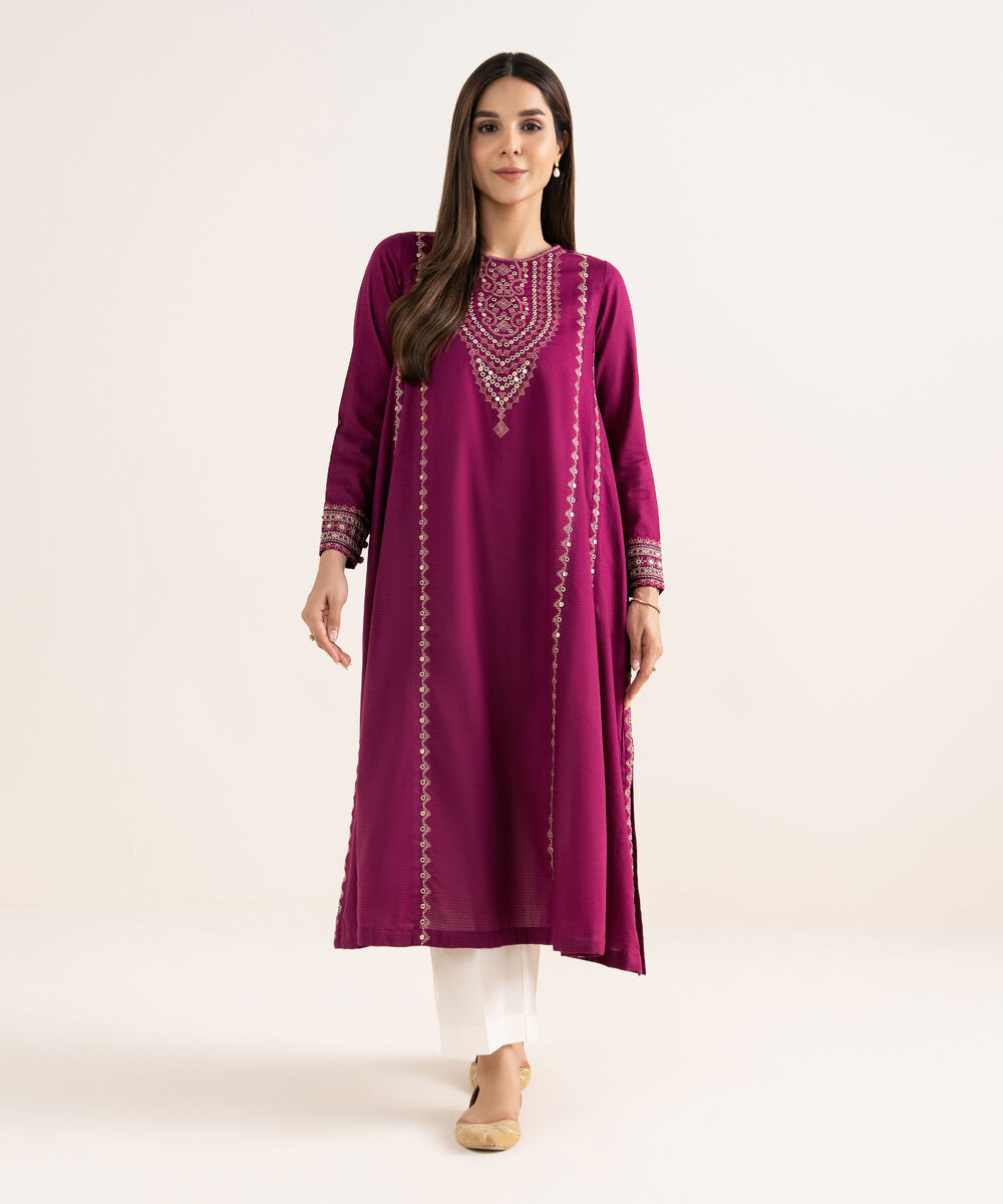 Women's RTW Textured Cotton Crimson Embroidered A-Line Shirt