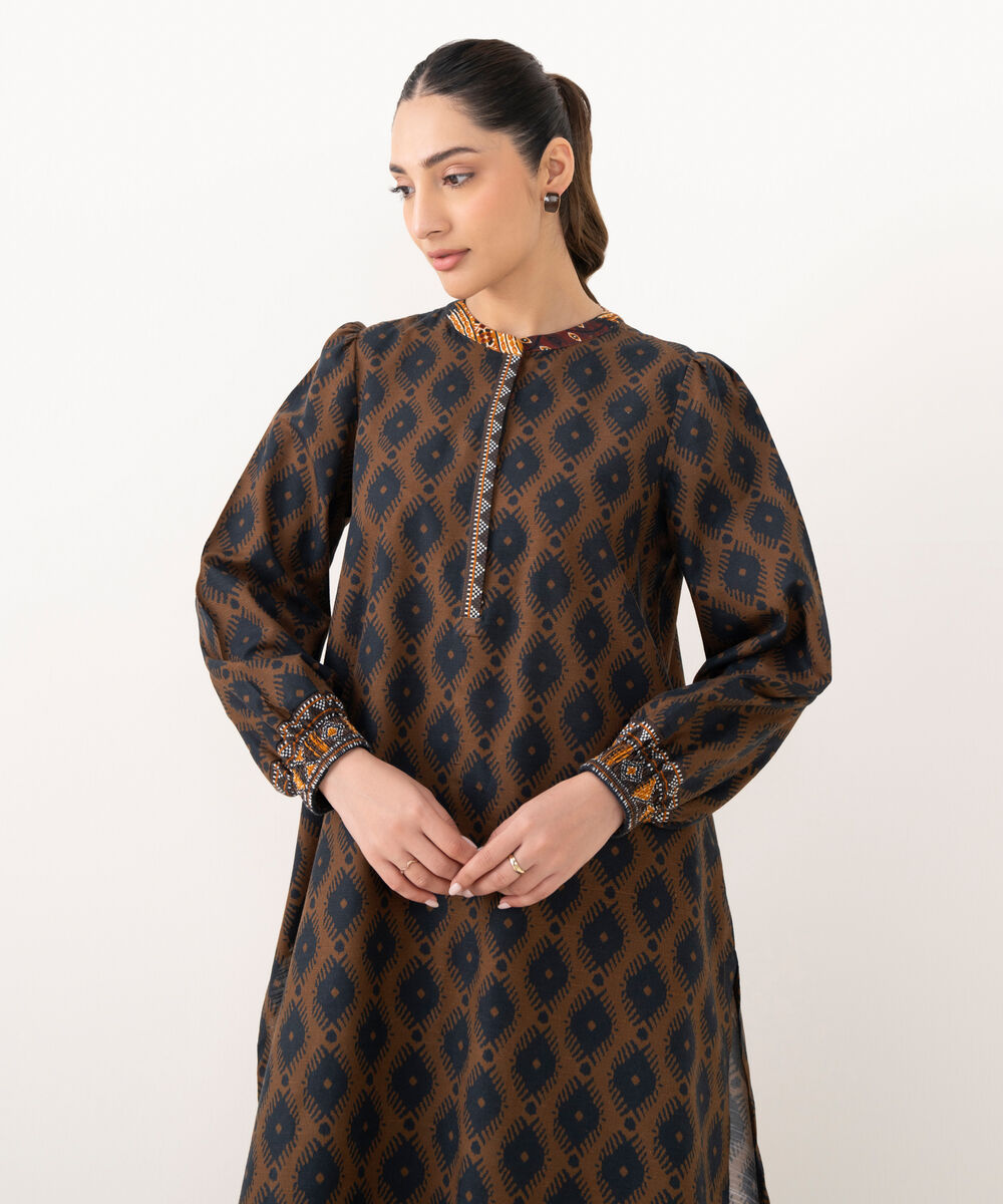 Women's RTW Light Khaddar Printed Brown A-Line Shirt