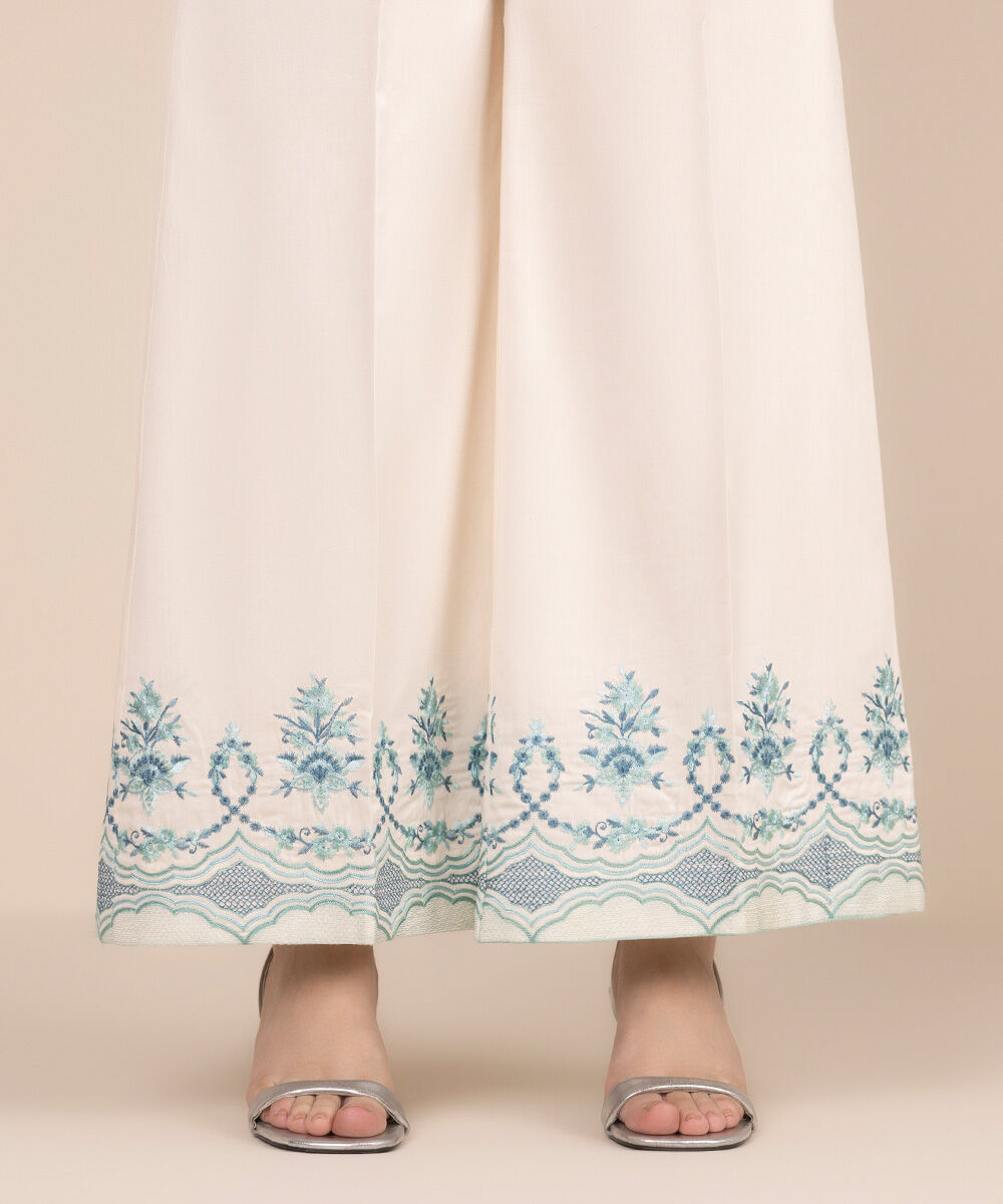 Women's RTW Cotton Satin Beige Embroidered Flared Pants