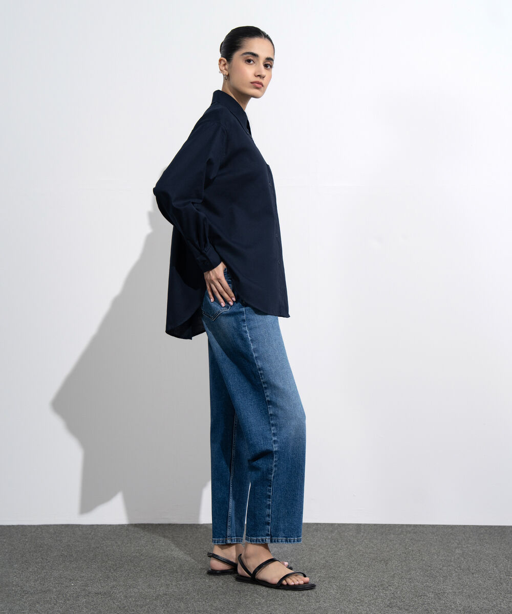 Women's Western Wear Black Loose-Fit Oxford Shirt