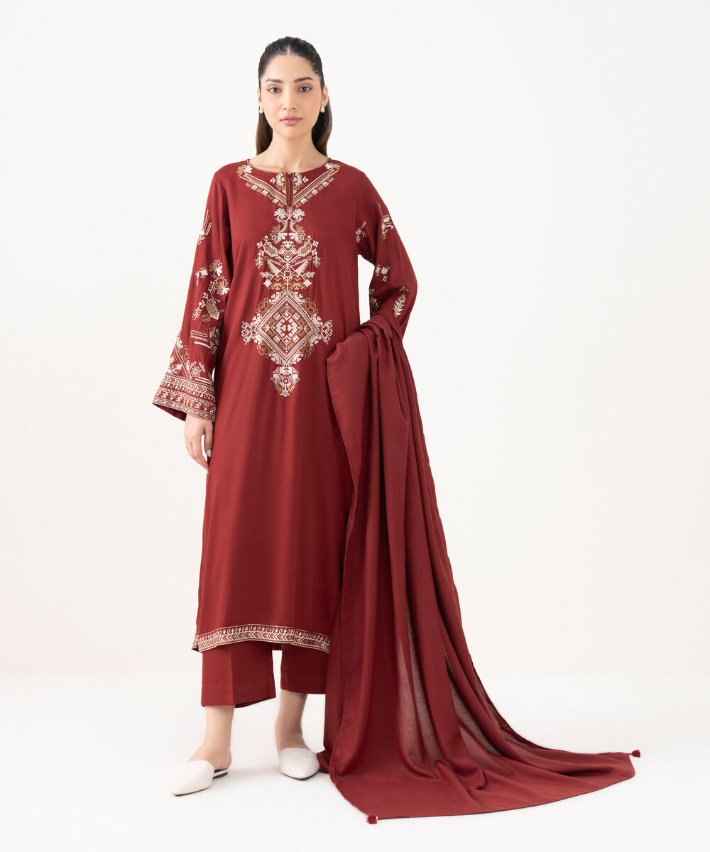 Women's RTW Bedford  Embroidered Maroon Straight Shirt