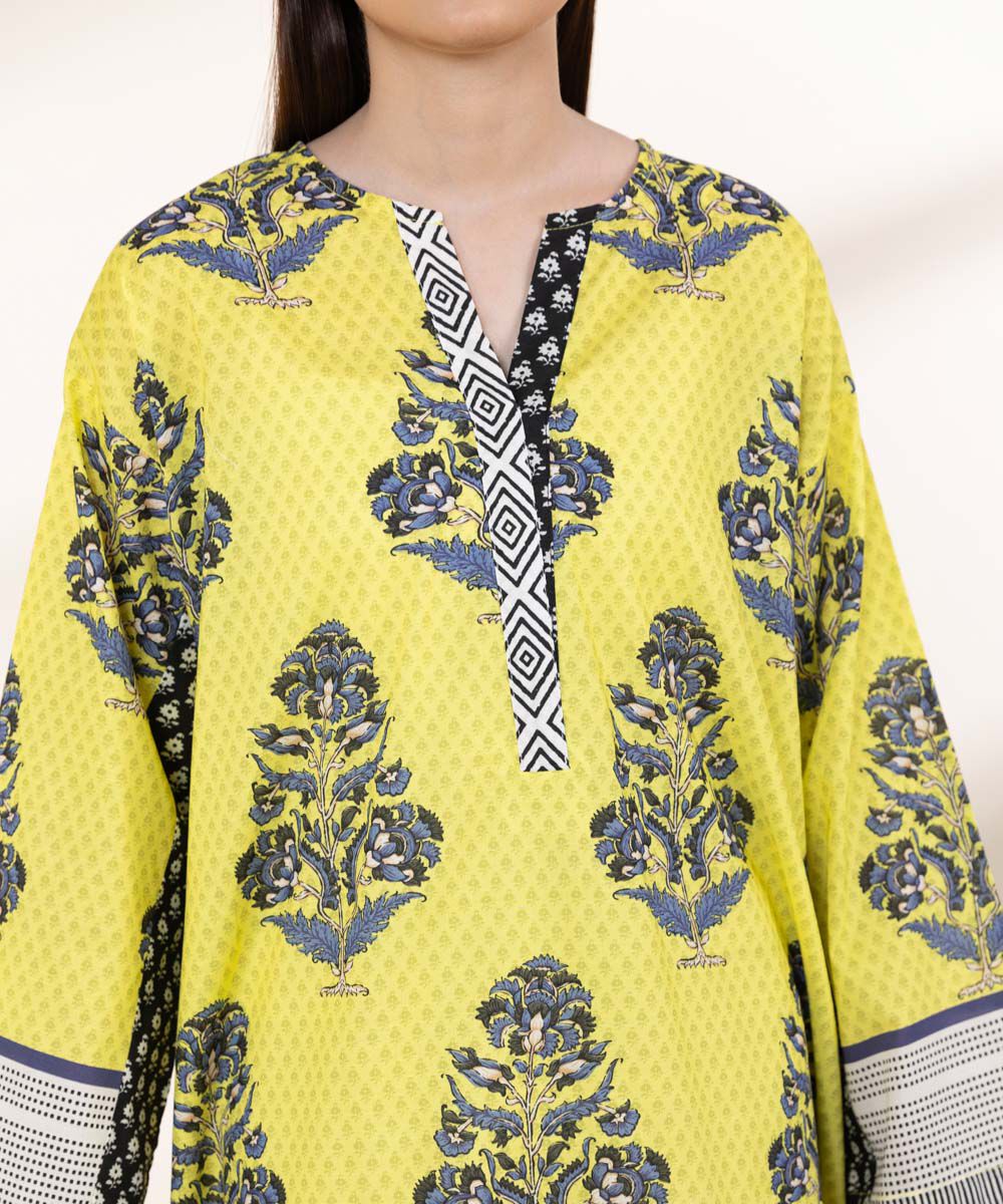 Women's RTW Textured Lawn Yellow Printed Boxy Shirt