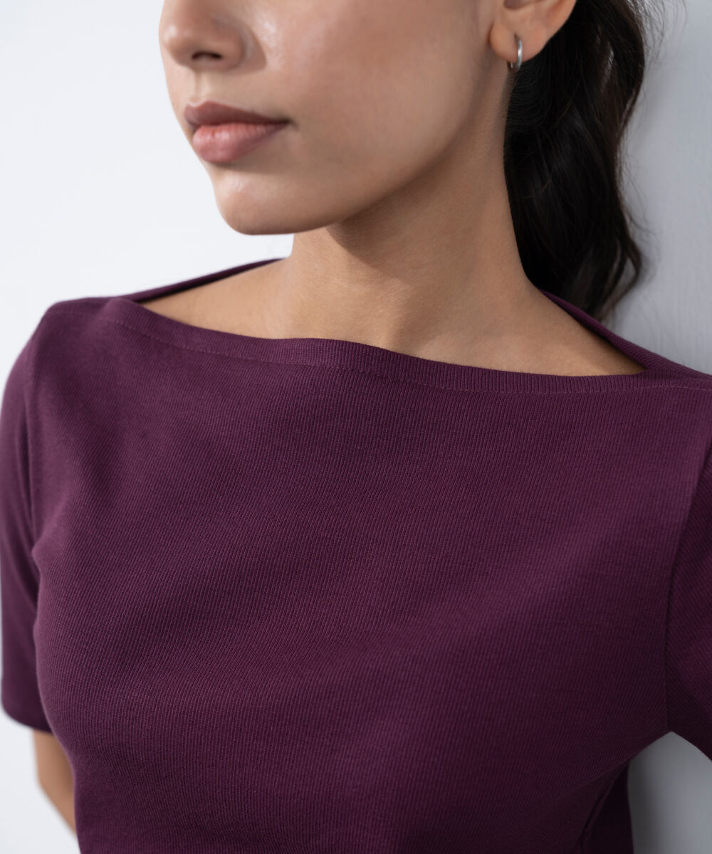 Women's Western Wear Purple Slash Neck Rib Top