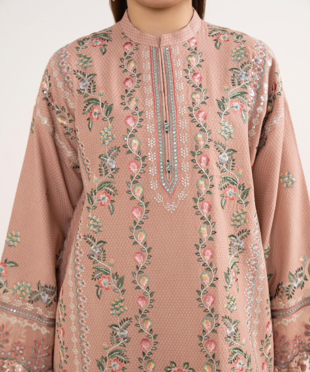 Women's Unstitched Dobby Embroidered Beige 3 Piece Suit