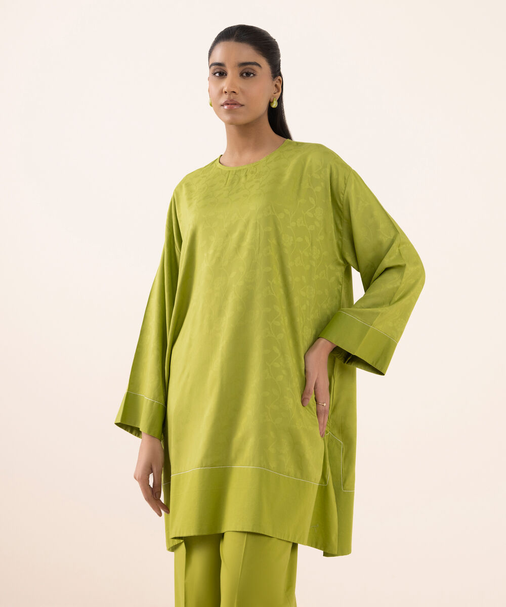 Women's RTW  Arabic Self Jacquard Leno  Green Dyed Drop Shoulder Shirt