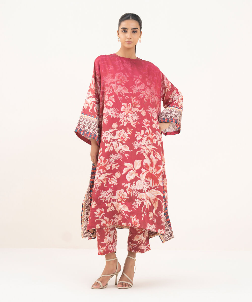 Women's RTW Blended Satin Pink Printed A-Line Shirt