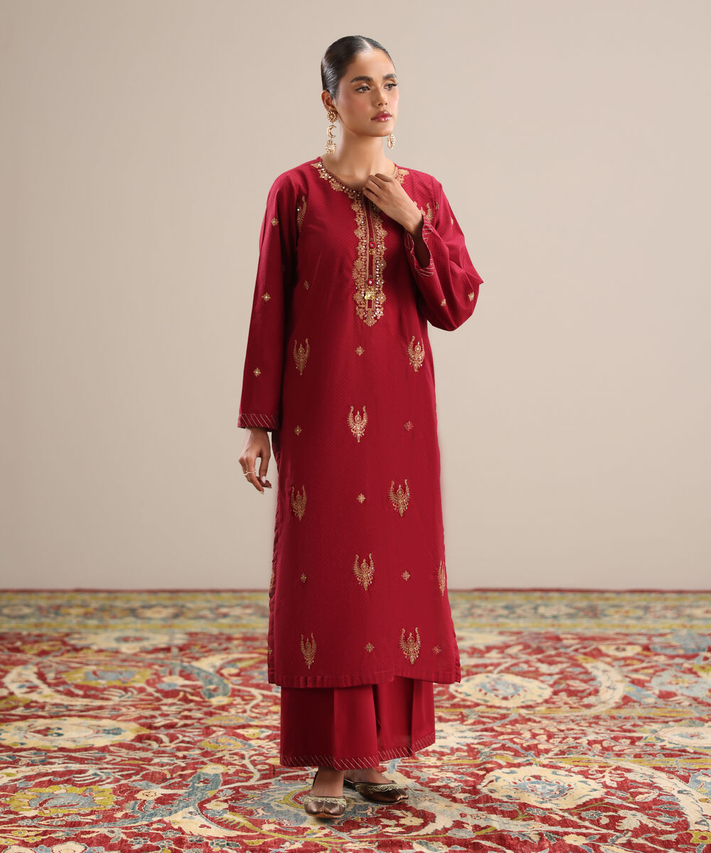 Women's RTW Textured Cotton Maroon Embroidered Straight Shirt