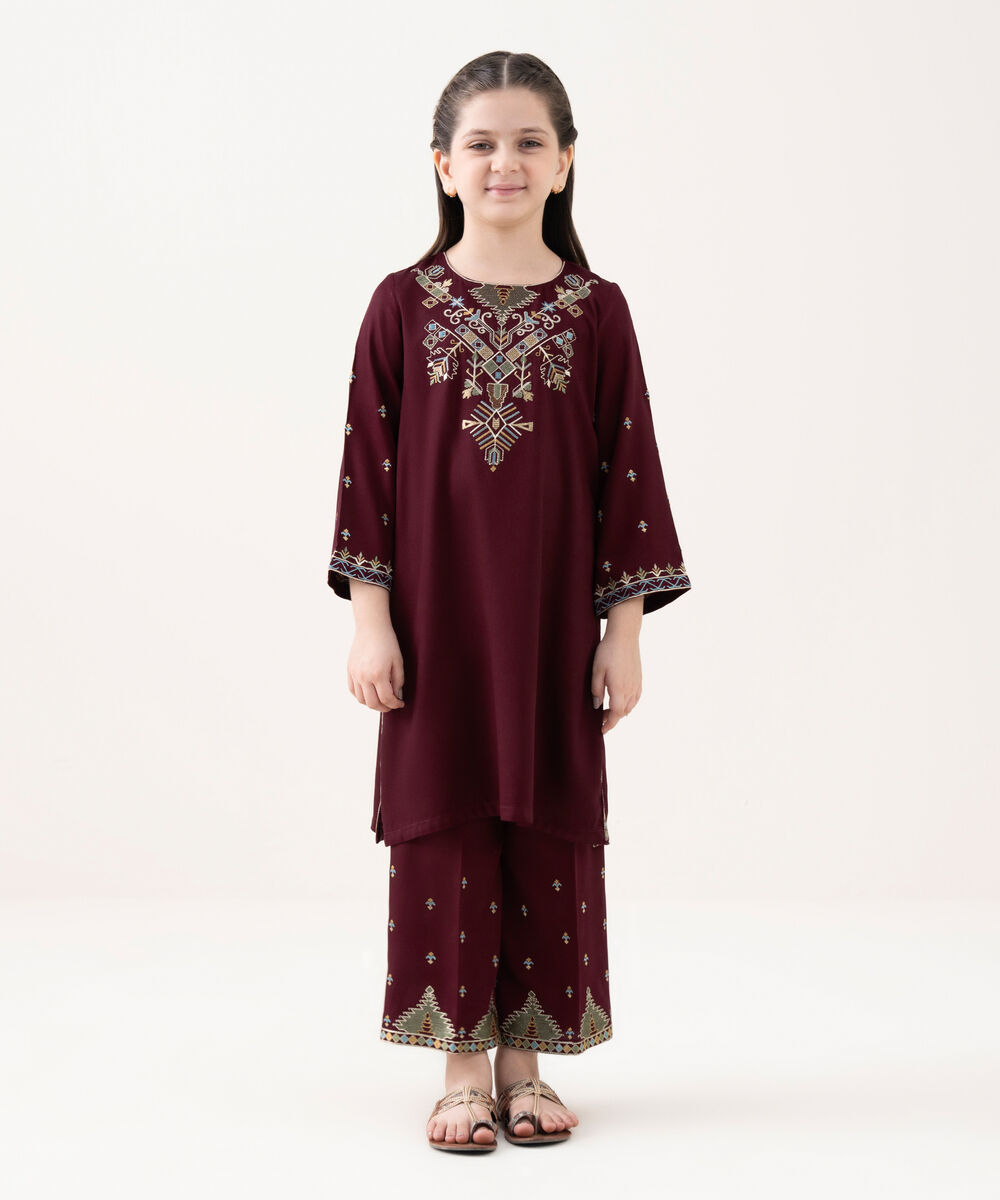 Girl's Bedford  Embroidered Maroon 2 Piece Suit