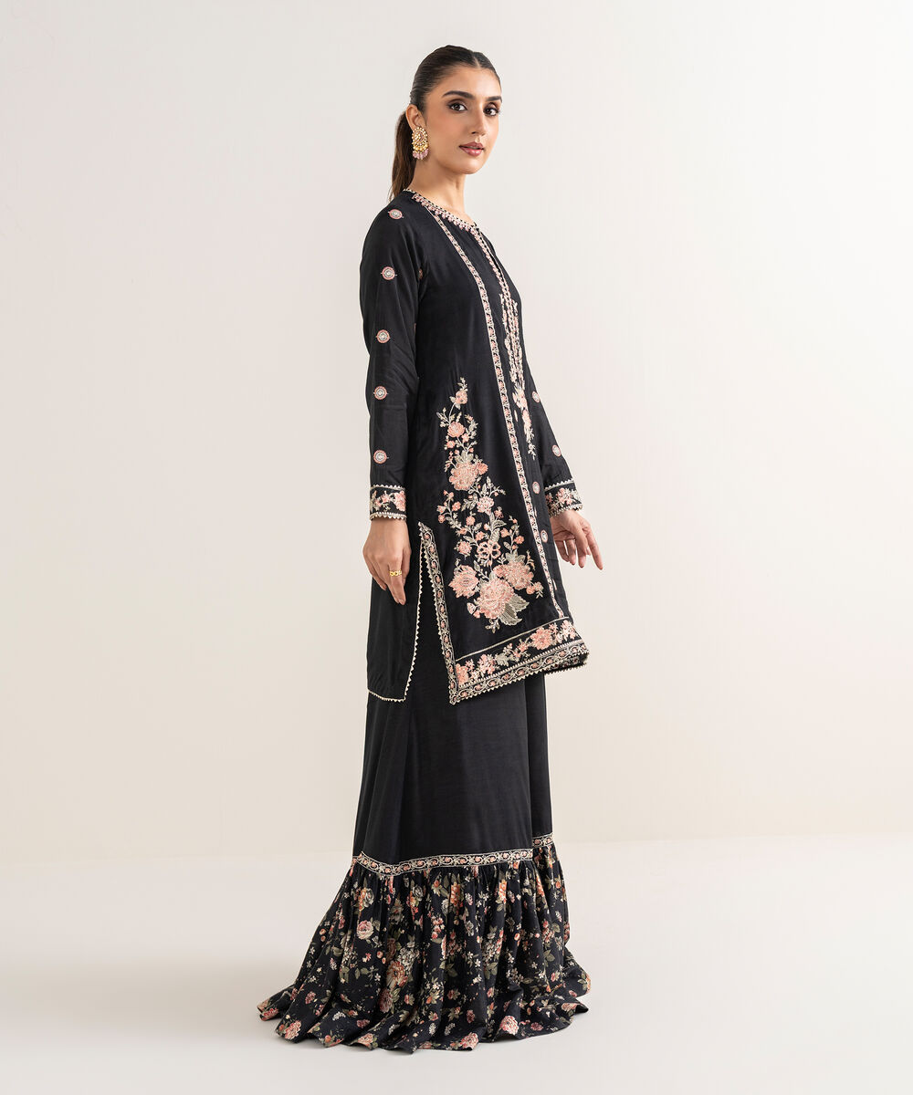 Women's RTW Viscose Raw Silk Black Embroidered Straight Shirt