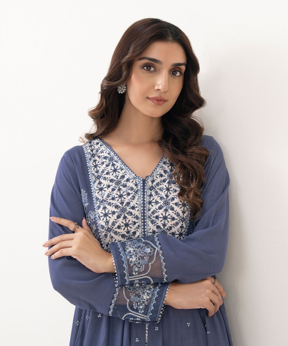 Women's RTW Viscose Raw Silk Embroidered A-Line Blue Shirt
