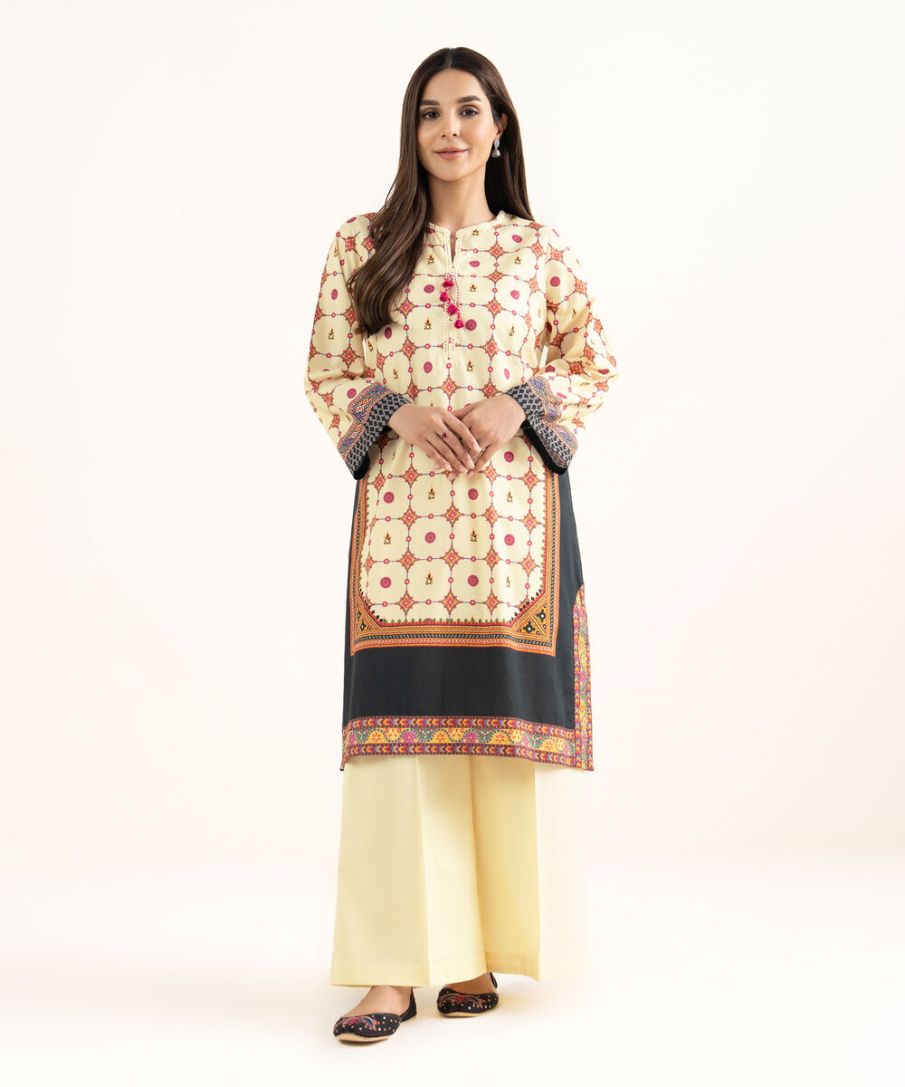 Women's RTW Cambric White Printed A-Line Shirt