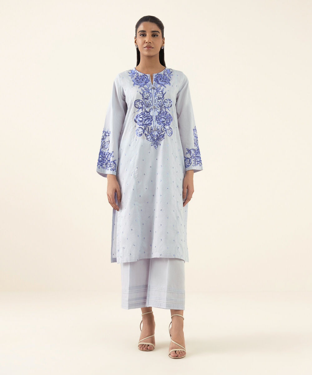 Women's RTW Cotton Jacquard Purple Embroidered A-Line Shirt