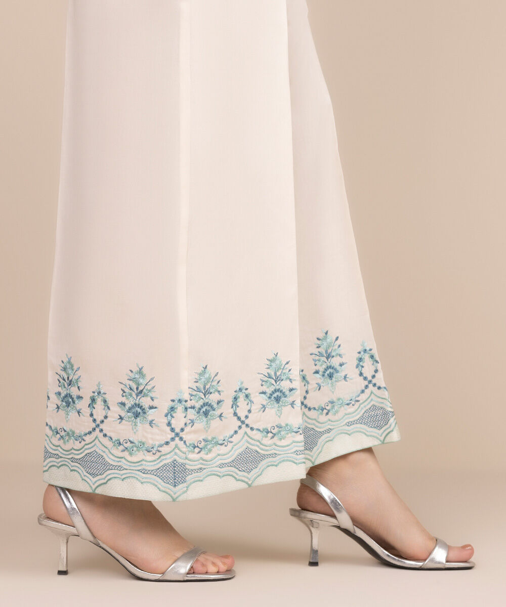 Women's RTW Cotton Satin Beige Embroidered Flared Pants