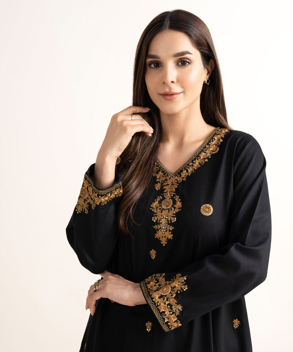 Women's RTW Textured Cotton Black Embroidered A-Line Shirt