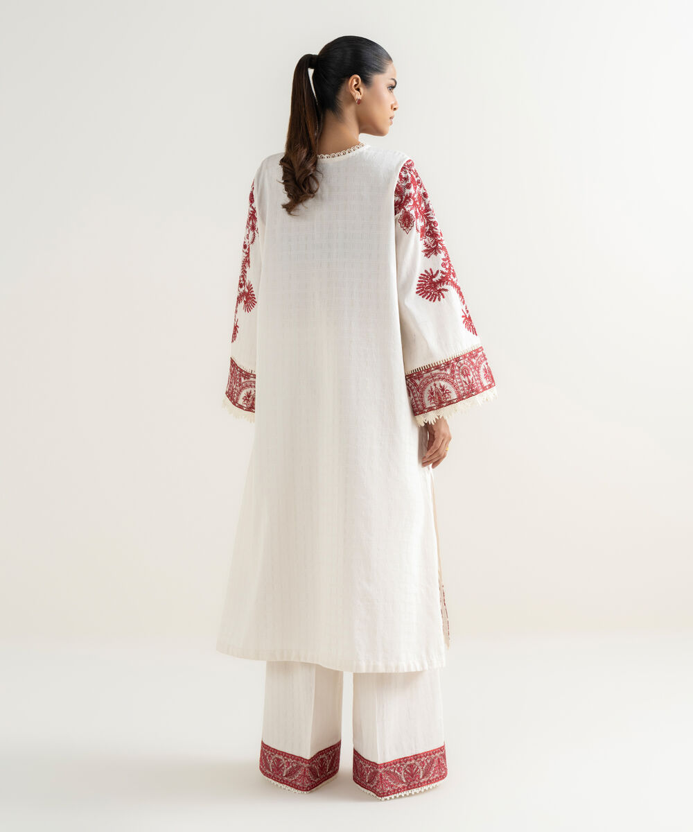 Women's RTW Textured Cotton Off White Embroidered A-Line Shirt