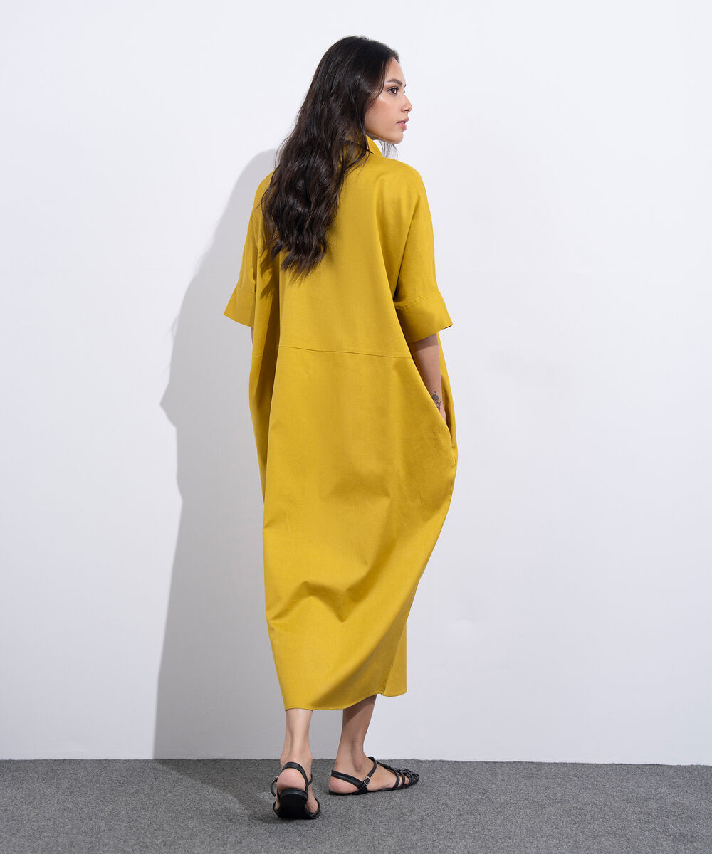 Women's Western Wear Mustard Short Sleeved Linen Blend Dress