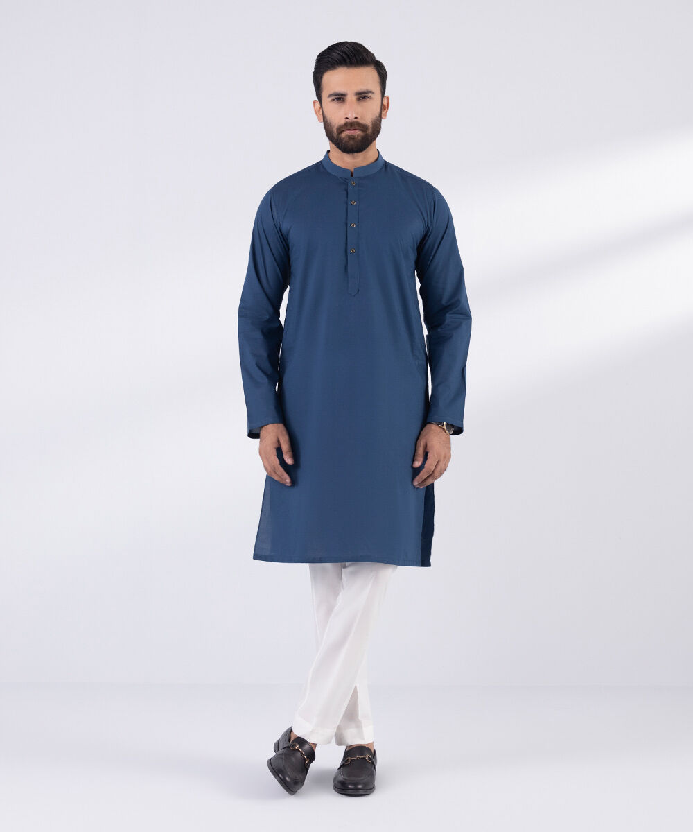 Men's Blended Stitched Plain Blue Kurta