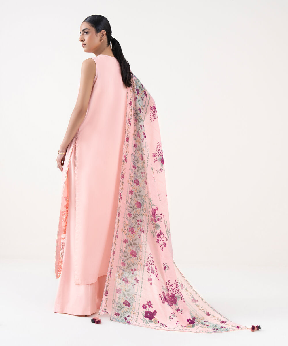 Women's Unstitched Fine Cotton Satin Embroidered Pink 3 Piece Suit