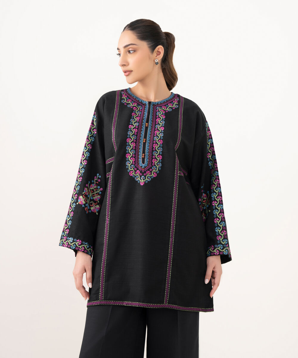 Women's RTW Cotton Embroidered Black Drop Shoulder Shirt