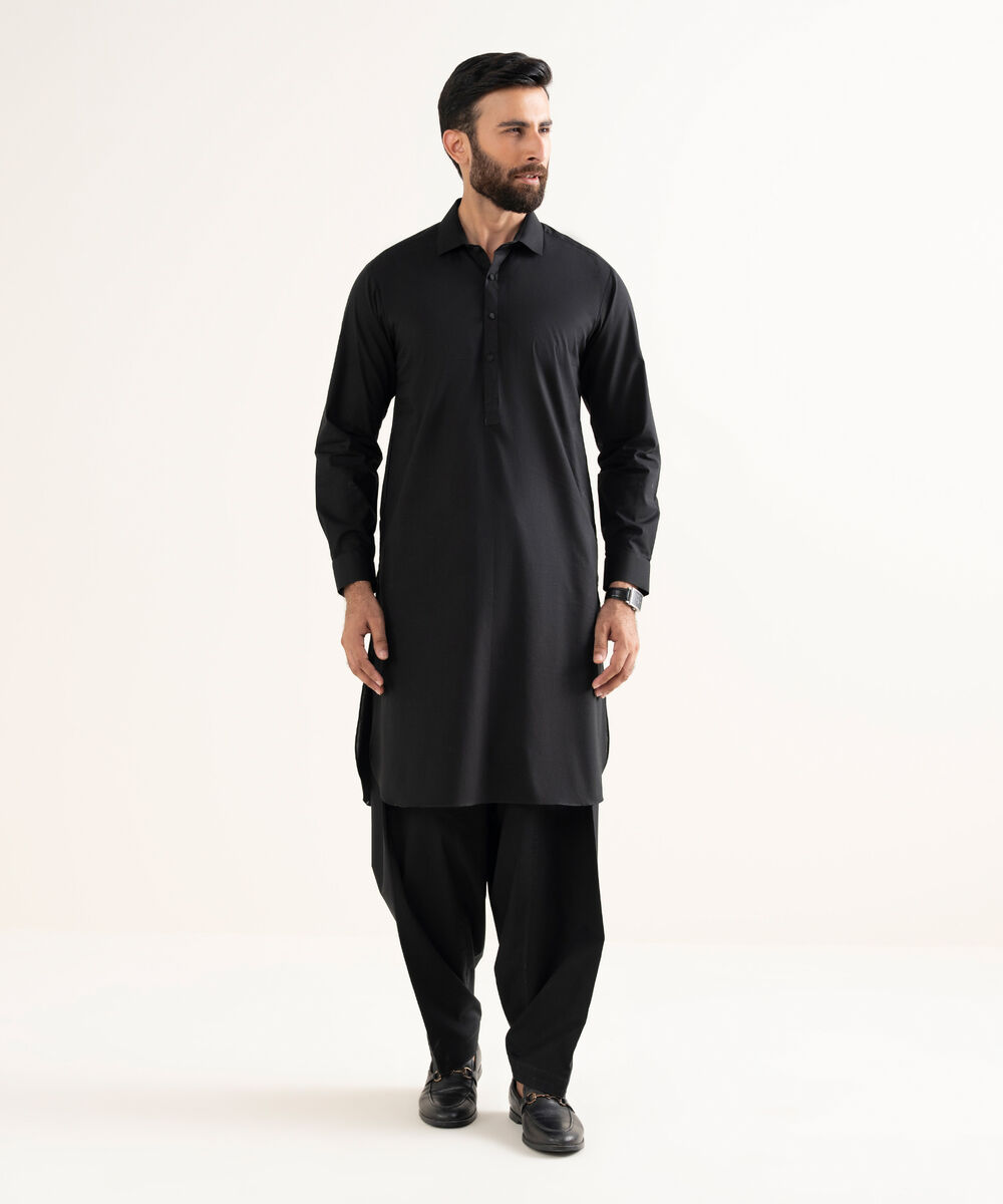Men's Latha Plain Black Kameez Shalwar