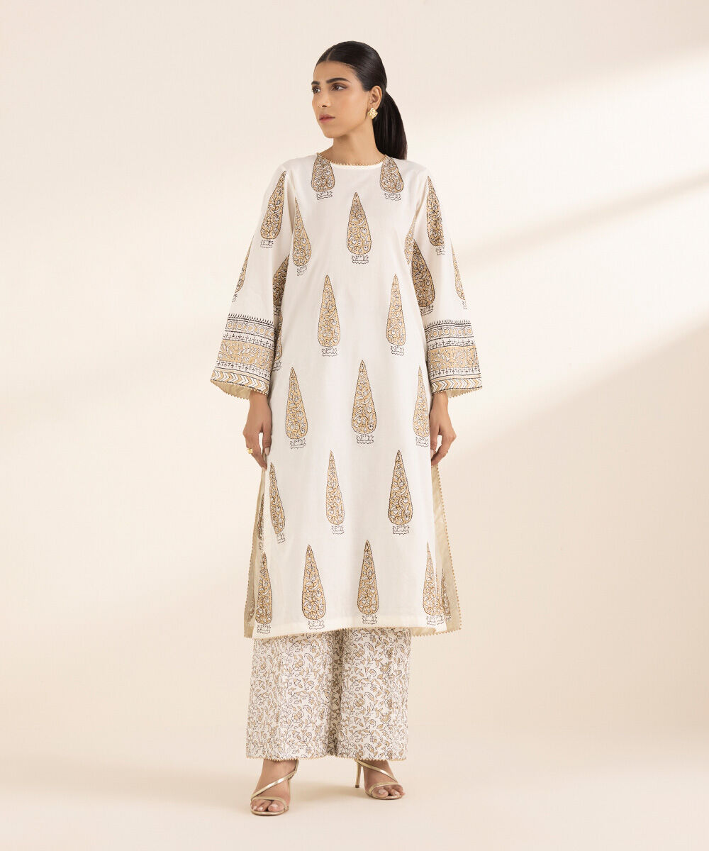 Women's RTW Lawn White Printed A-Line Shirt