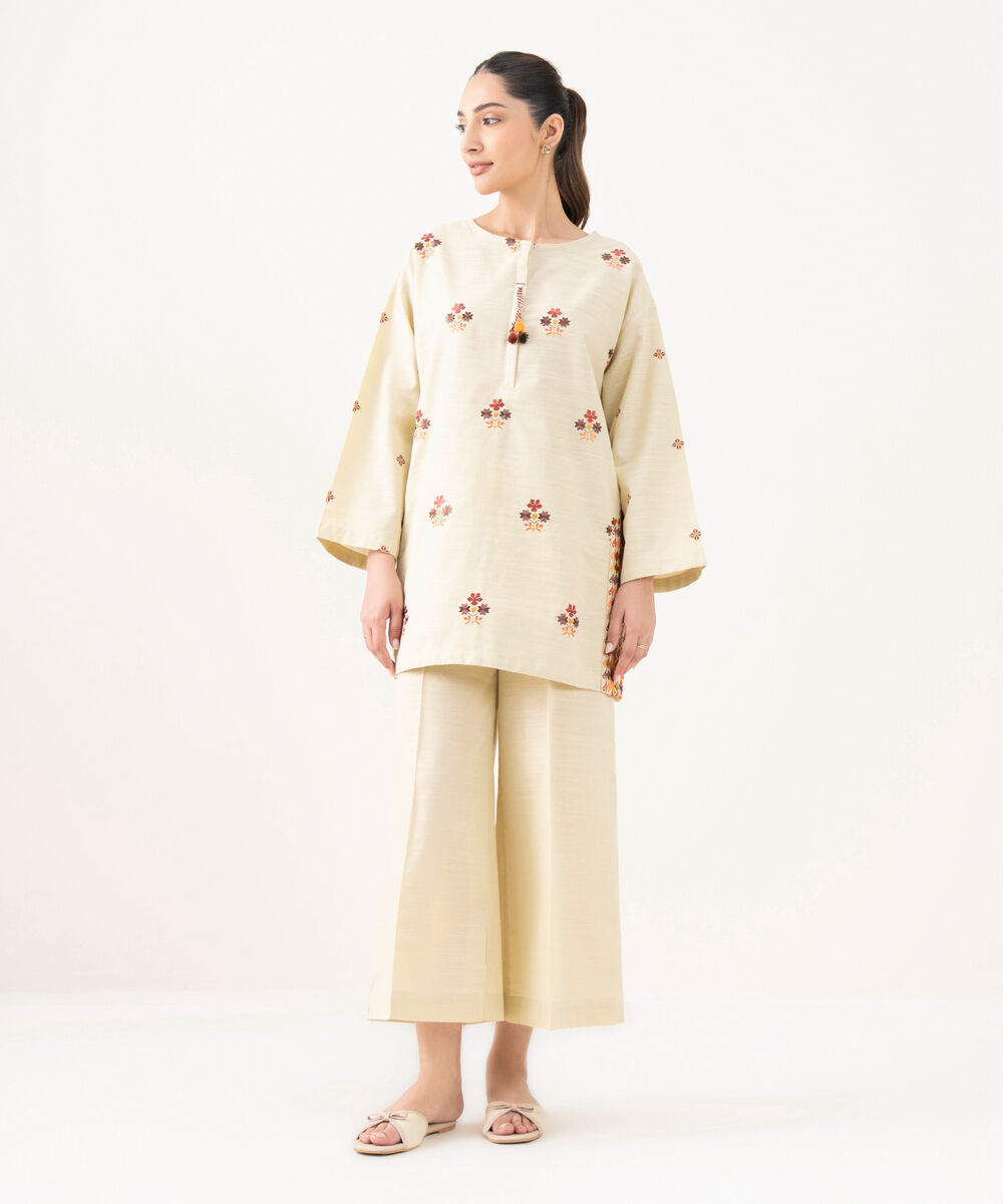 Women's RTW Light Khaddar Embroidered Beige Straight Shirt