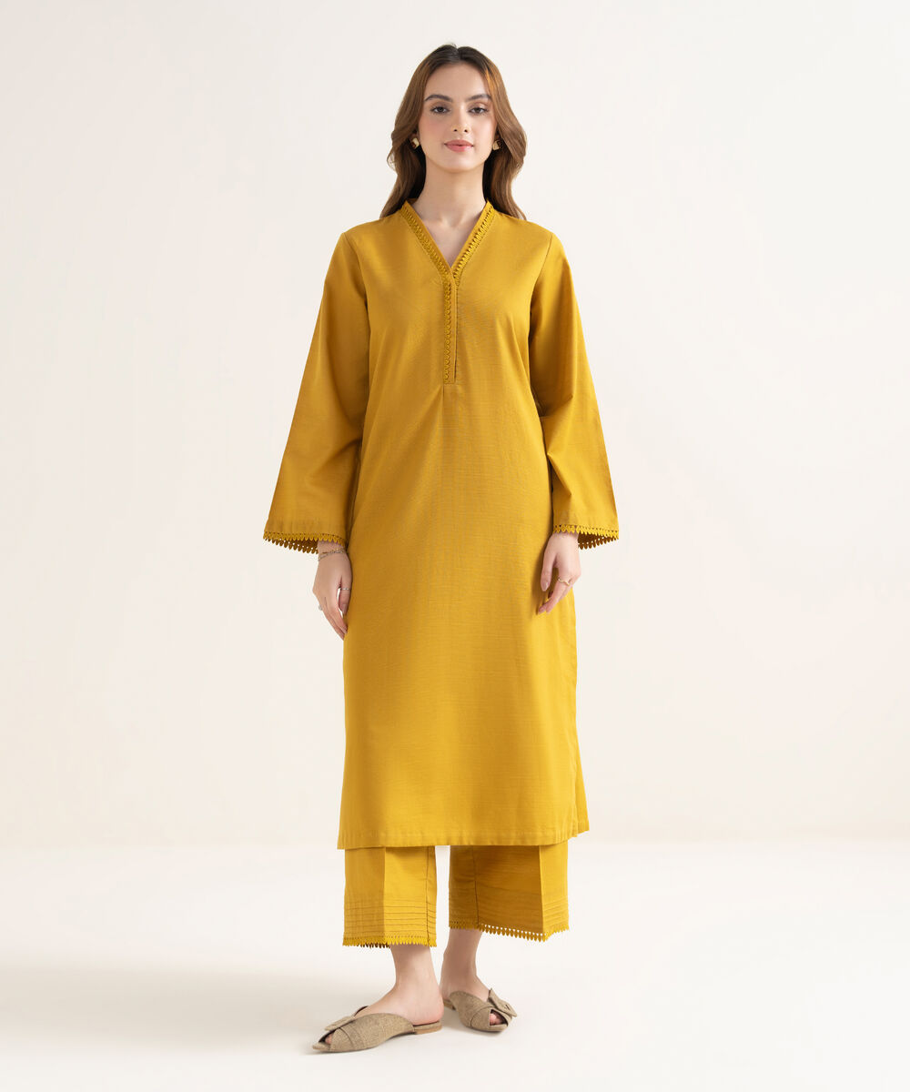 Women's RTW Khaddar Solid Straight Yellow Shirt