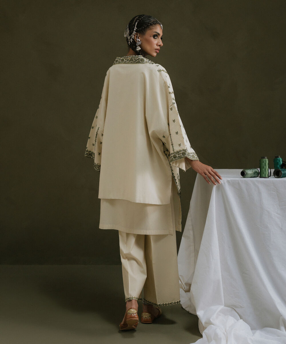 Women's RTW Textured Cotton White Embroidered Front Open Waistcoat