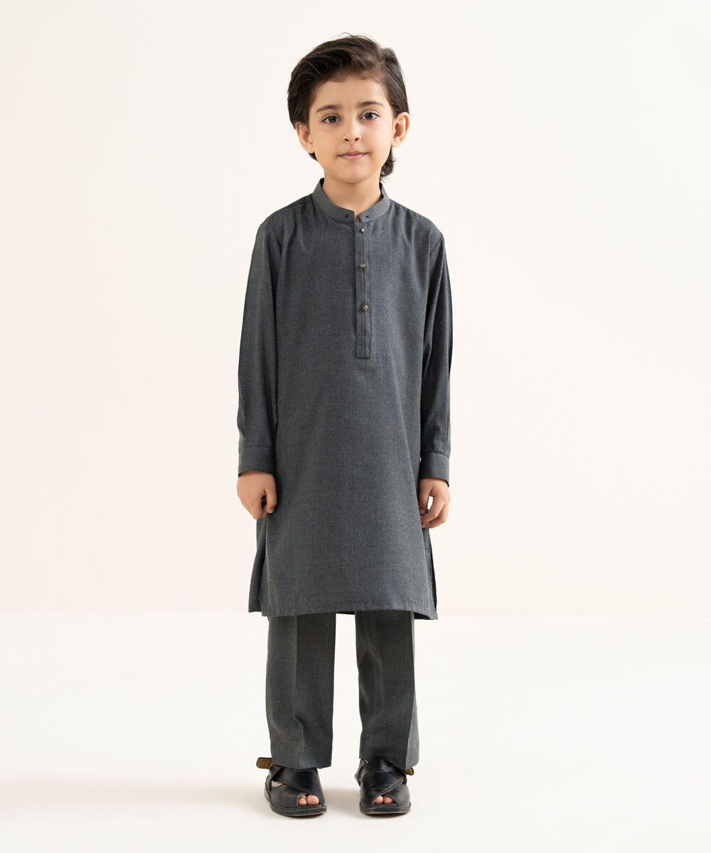 Men's Textured Wash & Wear Plain Charcoal Kurta Trouser