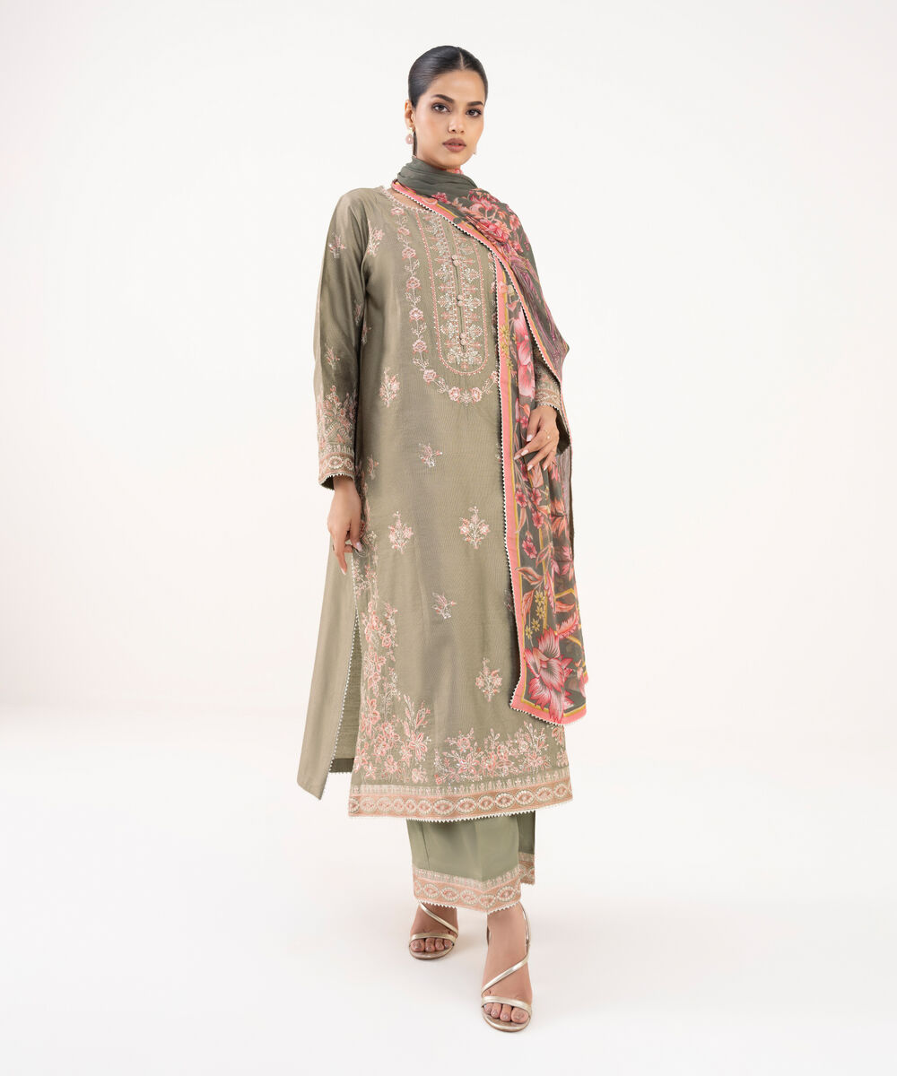 Women's RTW Silk Cotton Net Embroidered Green Three Piece Suit