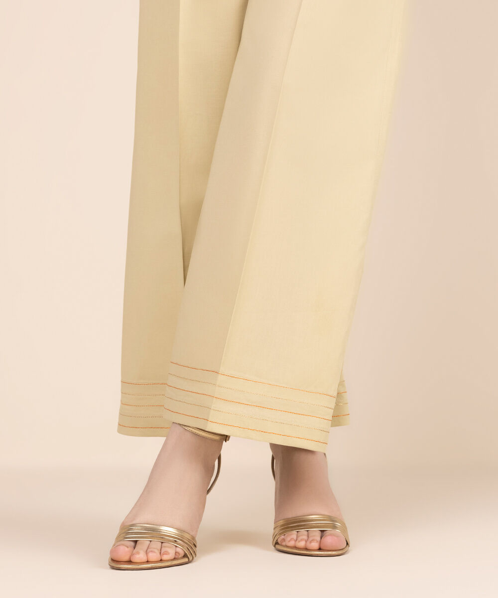 Women's RTW Cambric Beige Solid Flared Pants