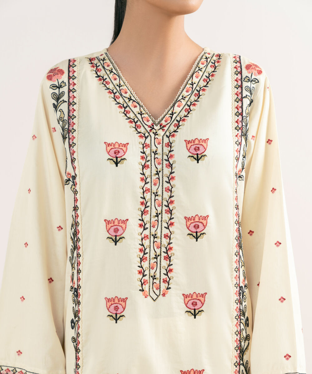 Women's RTW Cotton Satin Off White Embroidered A-Line Shirt