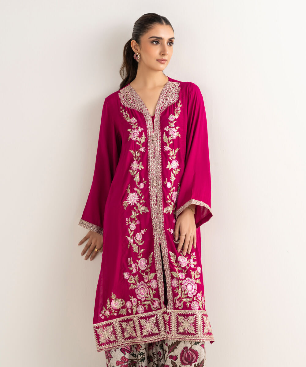 Women's RTW Viscose Raw Silk Pink Embroidered A-Line Shirt