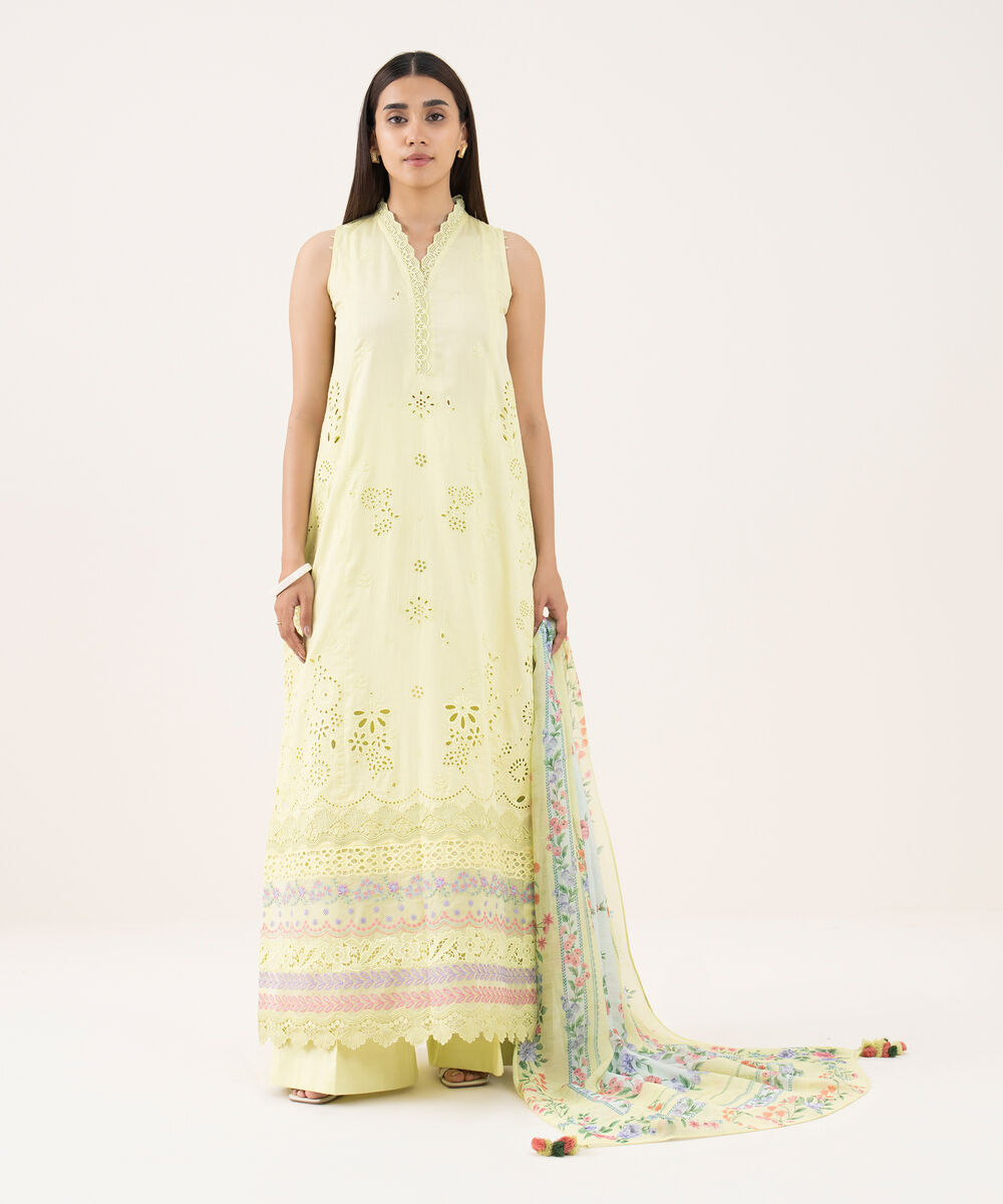 Women's Unstitched Fine Cotton Satin Embroidered Yellow 3 Piece Suit