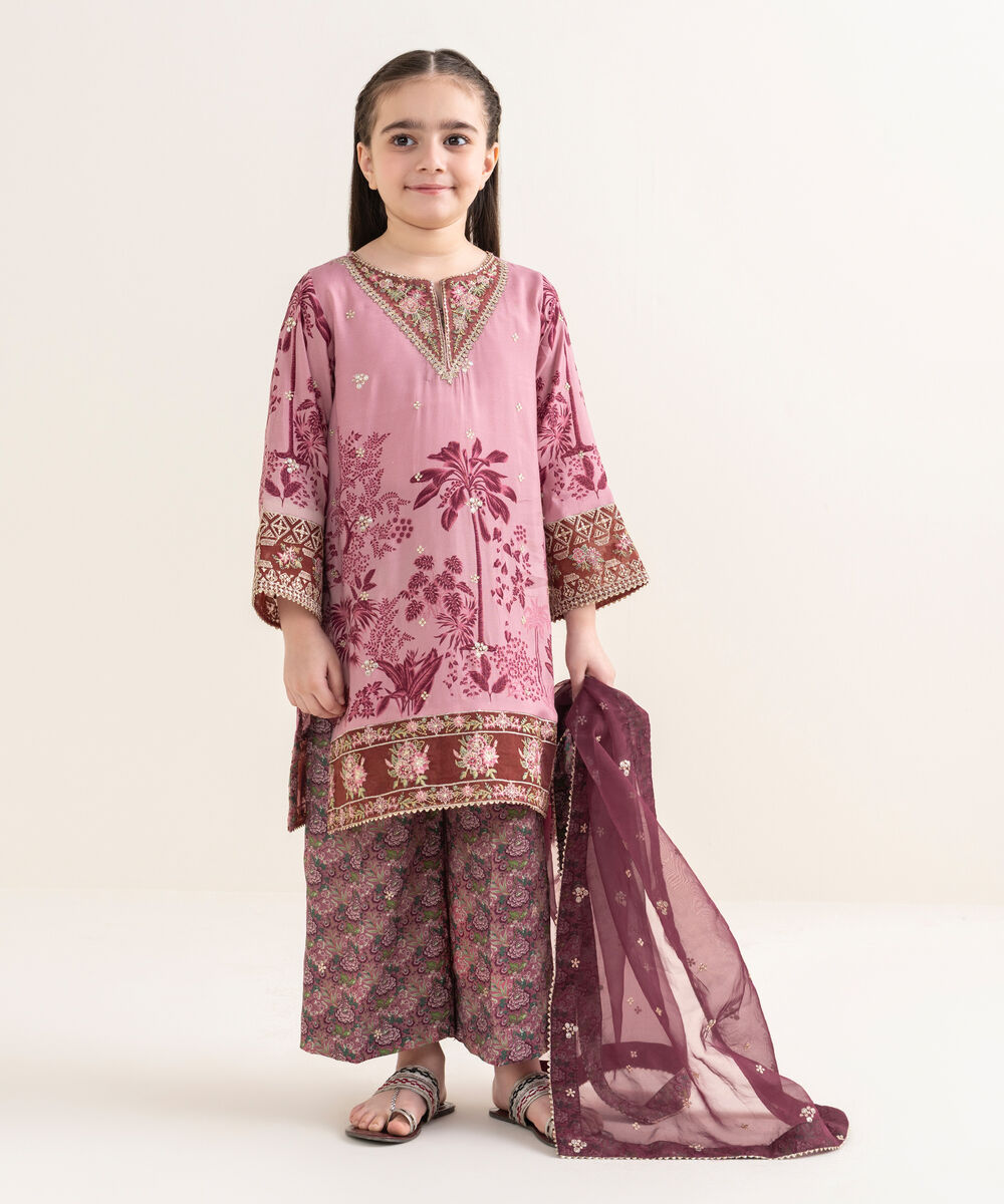 Girl's Viscose Raw Silk Embroidered Pink Three Piece Suit