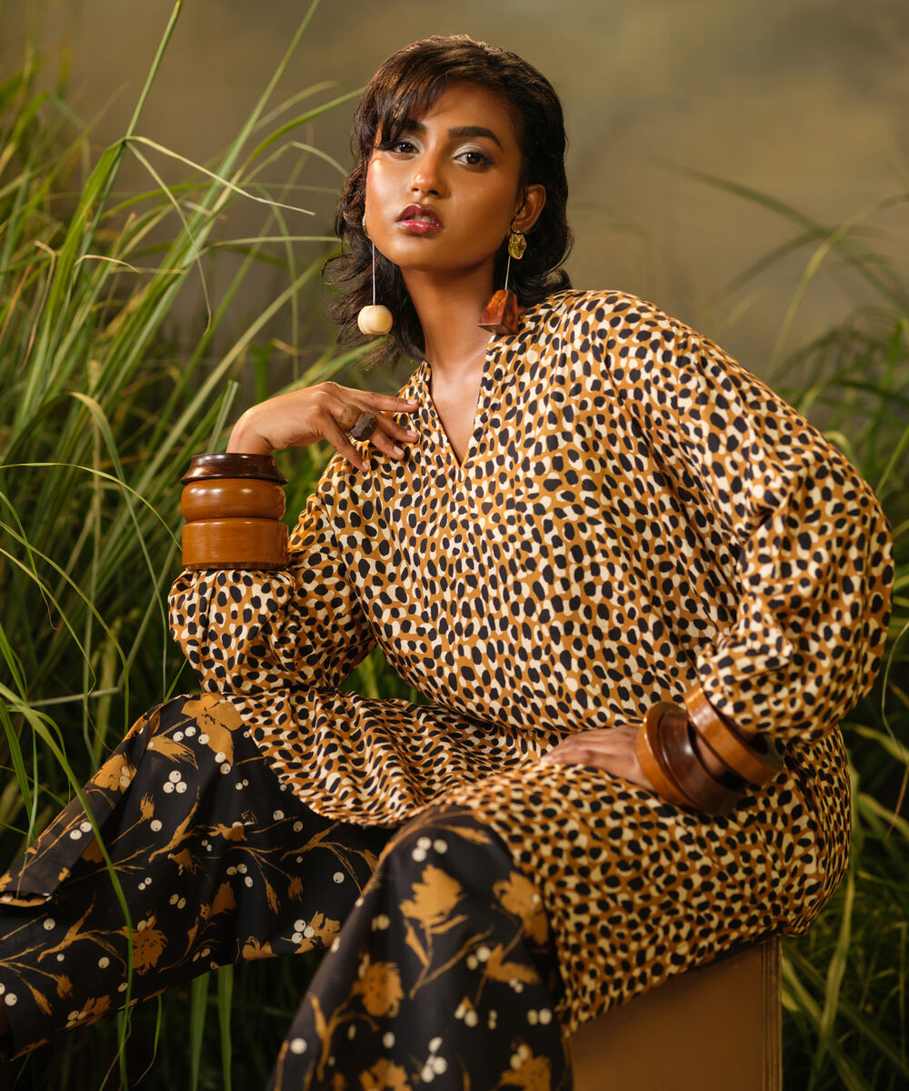 Women's RTW Arabic Lawn Brown Printed Drop Shoulder Shirt