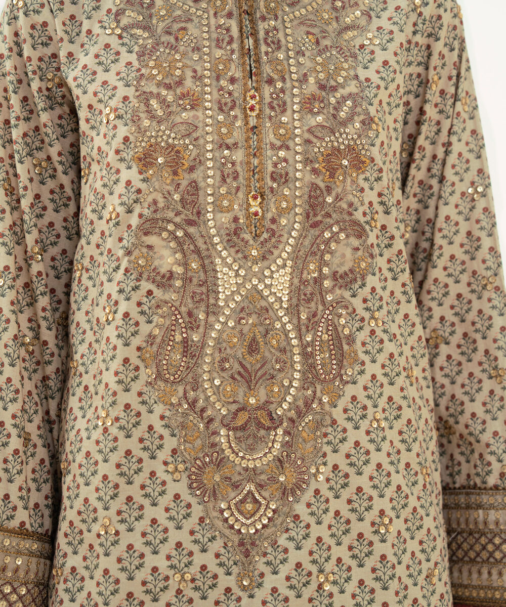 Women's RTW Textured Lawn Beige Embroidered A-Line Shirt