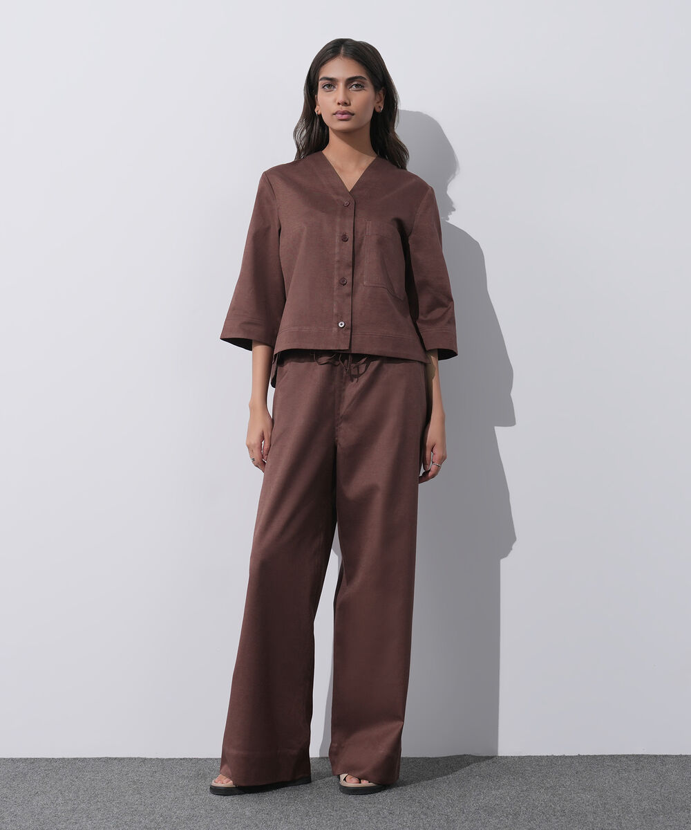 Women's Western Wear Brown V-Neck Linen Blend Shirt