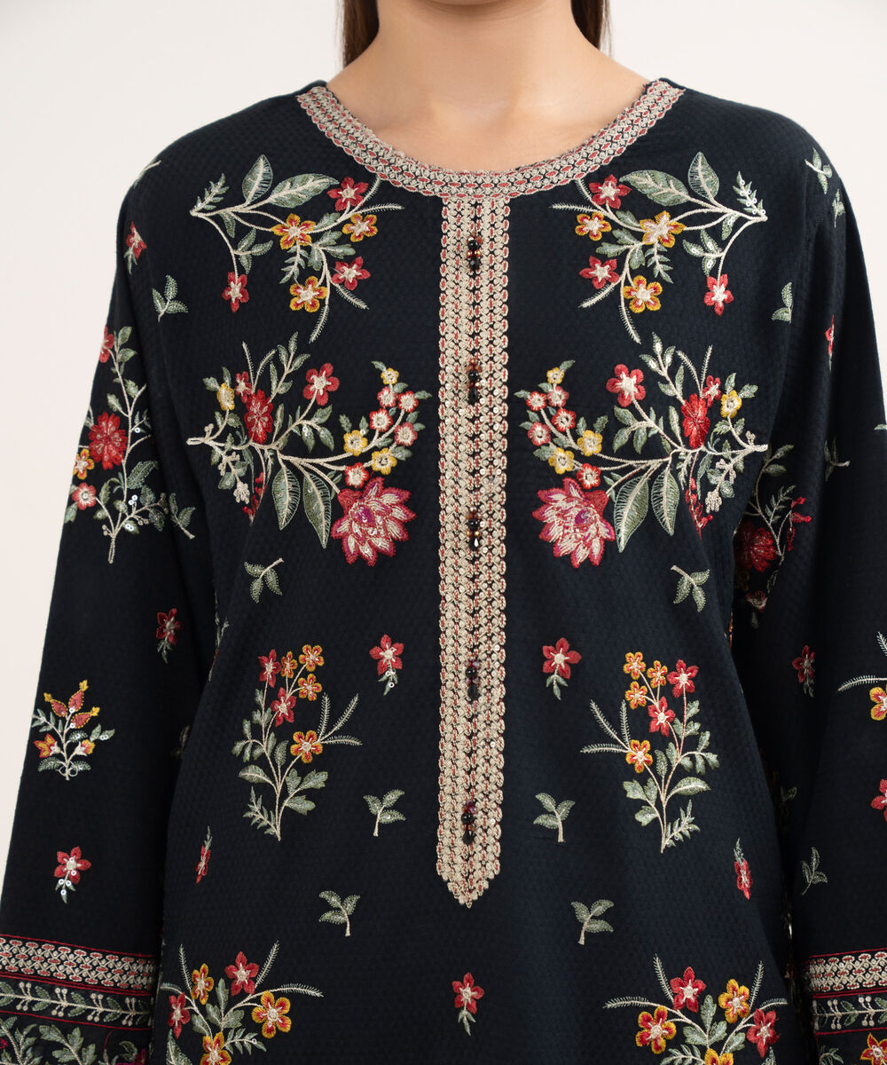 Women's Unstitched Dobby Embroidered Black 3 Piece Suit