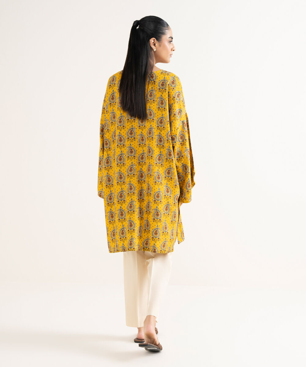 Women's RTW Cotton Printed Drop Shoulder Yellow Shirt