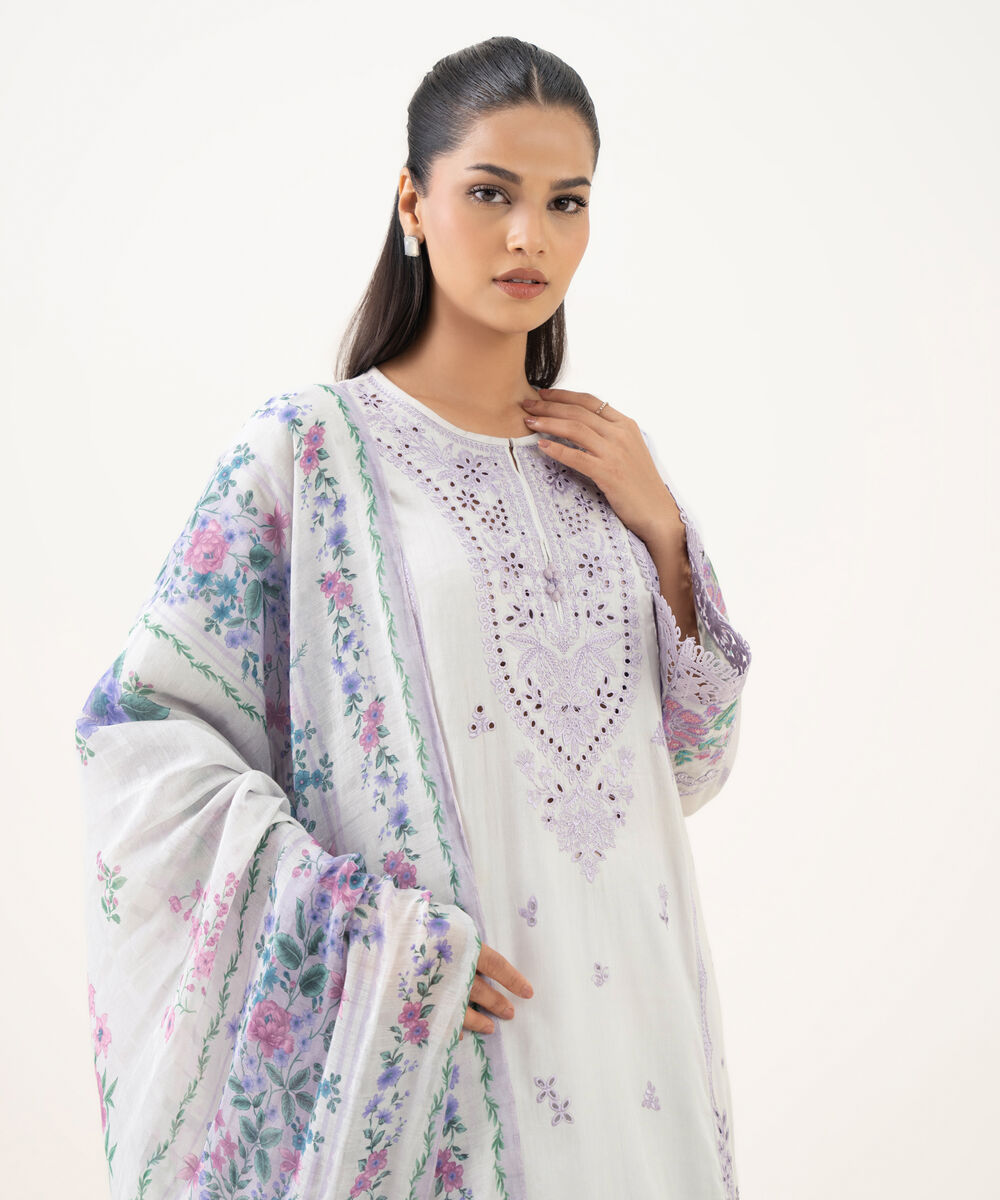 Women's Unstitched Fine Cotton Satin Embroidered Purple 3 Piece Suit