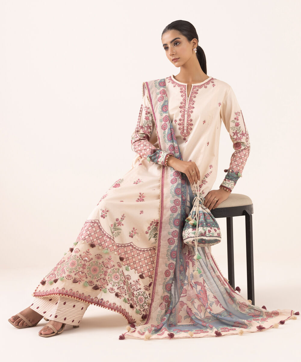 Women's Unstitched Light Cotton Satin Dyed Three Piece Suit