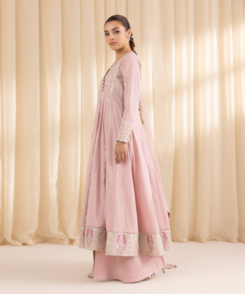 Women's RTW Cotton Jacquard Pink Embroidered Three Piece Suit