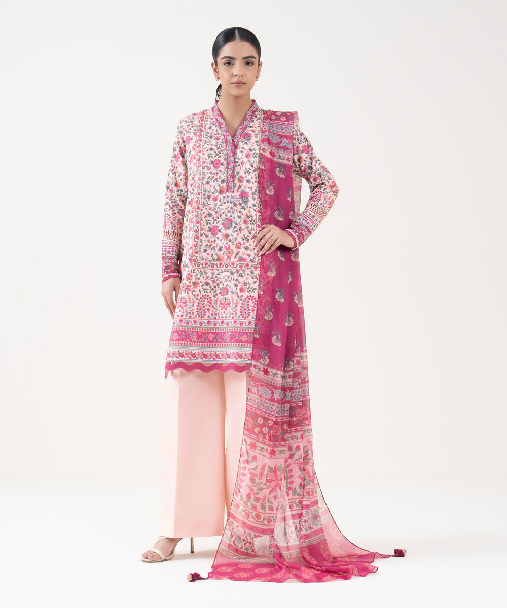 Women's Unstitched Cotton Printed Pink 3 Piece Suit