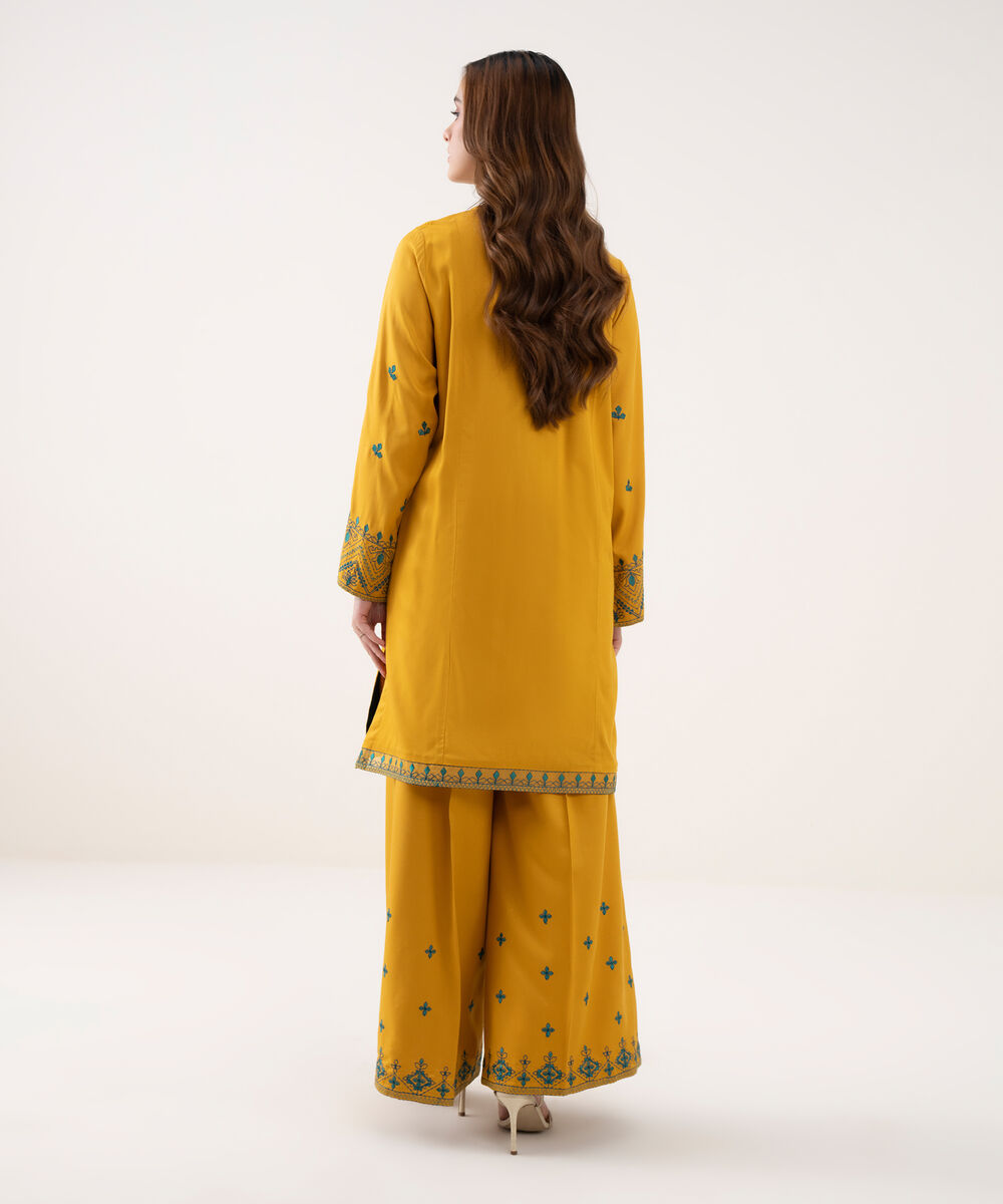 Women's RTW Viscose Marina Embroidered Straight Yellow Shirt