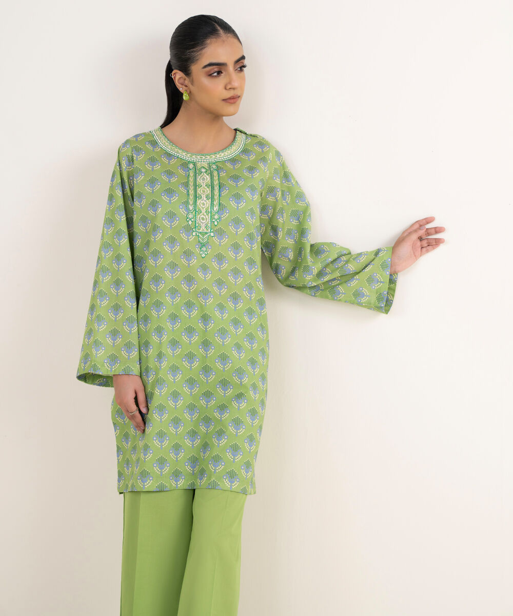 Women's RTW Lawn Green Embroidered Straight Shirt