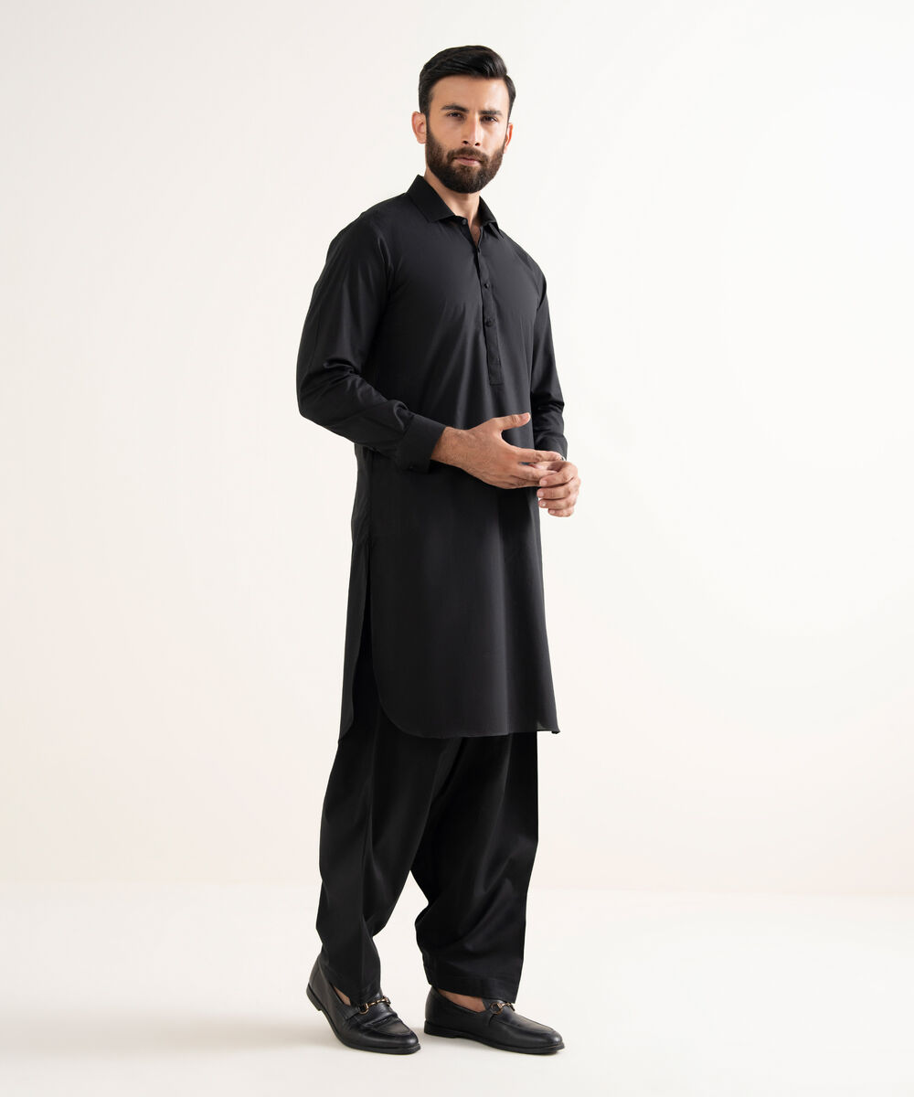 Men's Latha Plain Black Kameez Shalwar