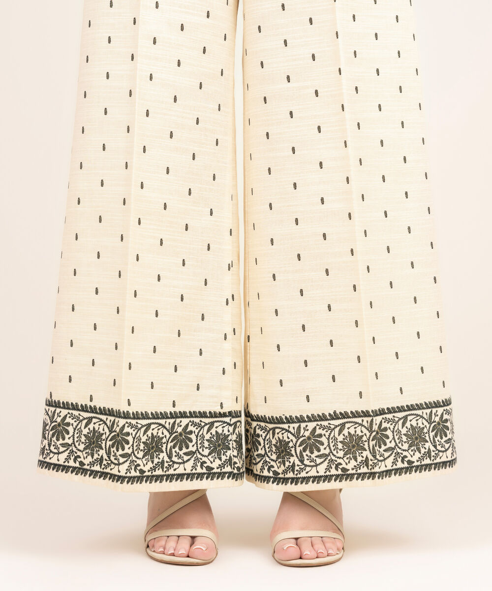 Women's RTW Khaddar Printed Off White Flared Pants