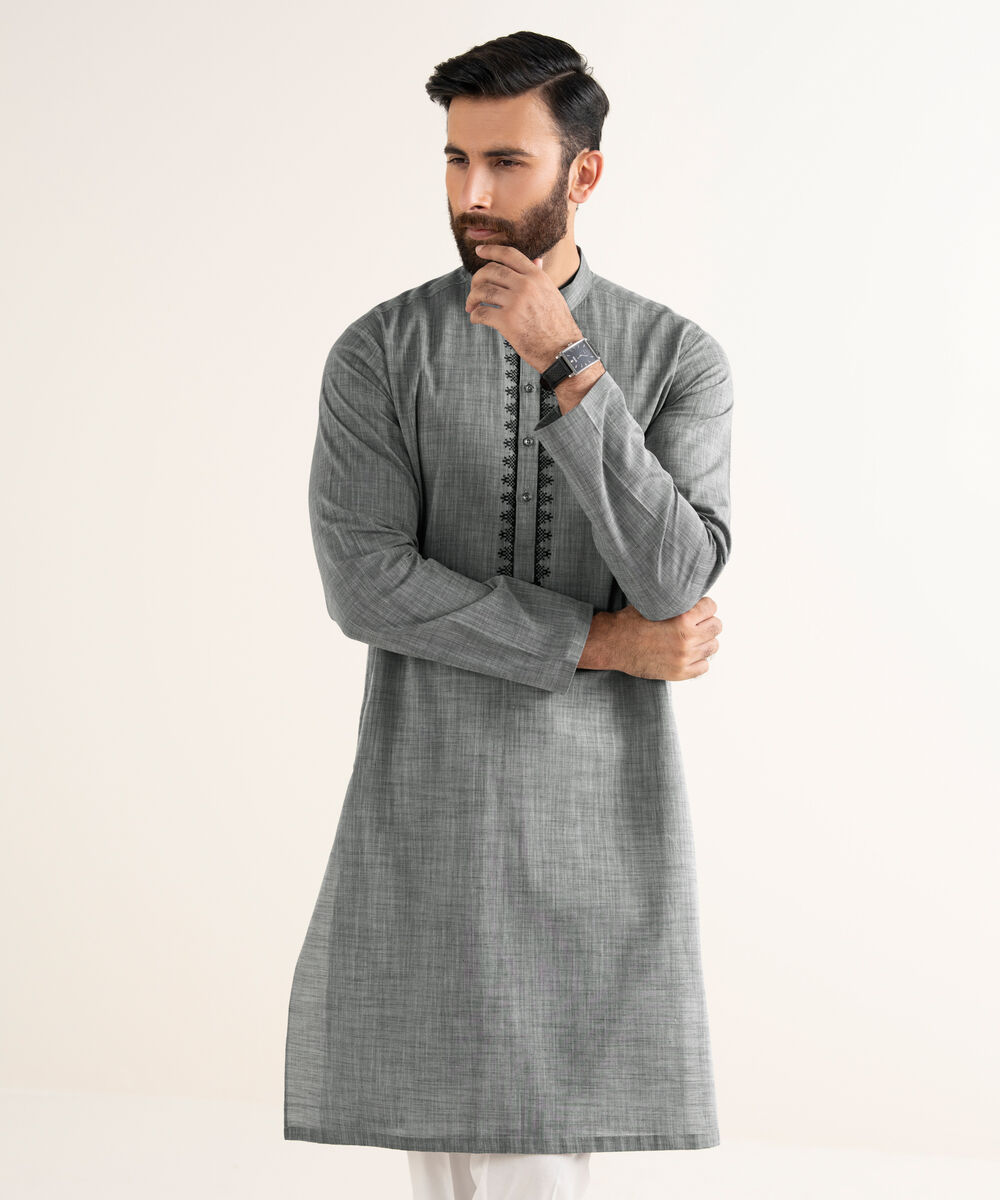 Men's Yarndyed Wash & Wear Embroidered Grey Kurta