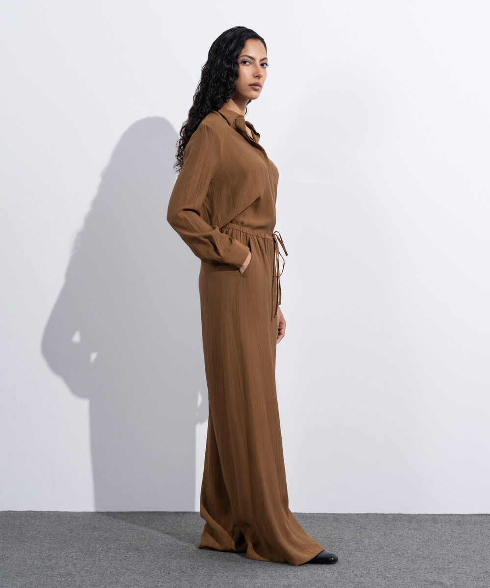 Women's Western Wear Brown Textured Wide-Leg Trousers